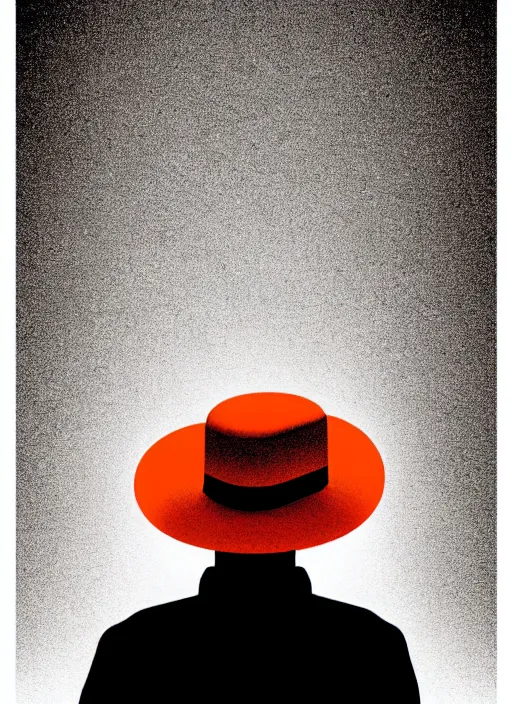 Image similar to habitat 67 on fire, portrait of a lone man in a hat, Mads Berg, Karolis Strautniekas, film noir, stippled light, dramatic lighting,editorial illustration, detailed,fine texture, matte print, dark orange, red, black