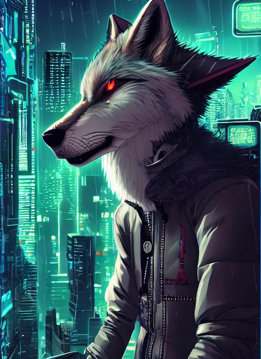 Prompt: character portrait of a male anthro wolf fursona with a tail and a cute beautiful attractive detailed furry face wearing stylish cyberpunk clothes in a cyberpunk city at night while it rains. hidari, color page, tankoban, 4K, tone mapping, Akihiko Yoshida. Nomax, Kenket, Rukis.