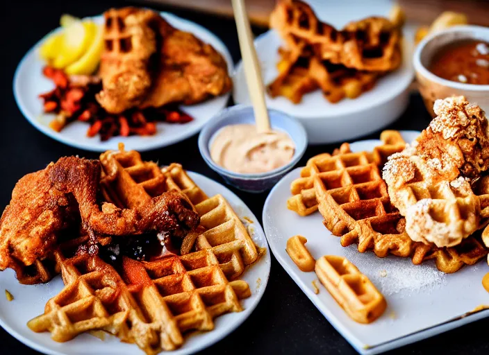 Image similar to dslr food photograph of chicken and waffles with a side of coke slaw, 8 5 mm f 1. 8