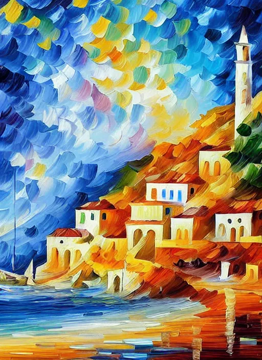 Image similar to beautiful seaside greek village in the style of leonid afremov