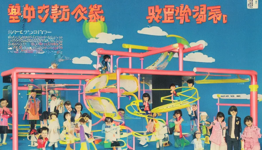 Prompt: 1980s Japanese culture magazine advertisement for a futuristic playground themed office, business people in mascot costumes, slides, mysterious toys, magical treasure, secret doors and windows, designed by Gucci, Wes Anderson, and Petra Collins, clean details