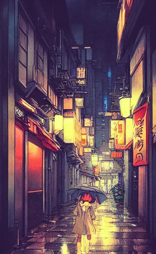 Prompt: night street, rainy day, anime, japan, ghibli, 9 0 s, retro style, aesthetic, chill, room, vintage