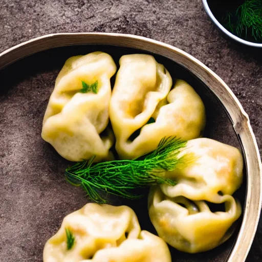 Image similar to a 5 0 mm macro shot of hot dumplings with dill, gooey, depth of field, high resolution