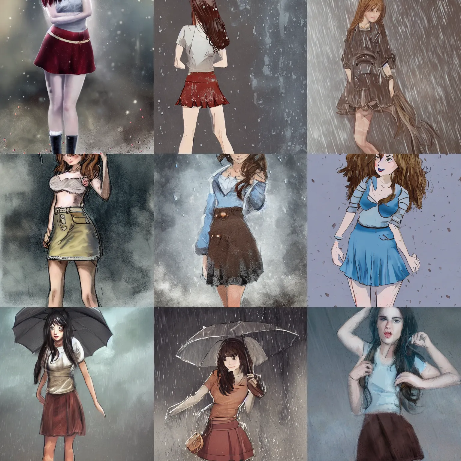 Prompt: beautiful young woman with brown hair and pale skin, standing in the rain, wearing a short skirt, concept art