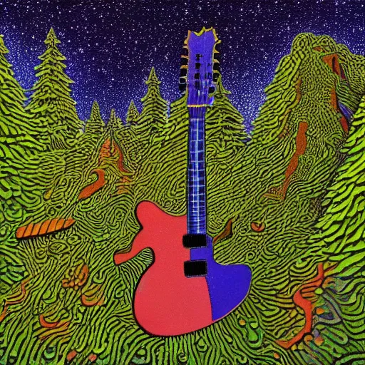 Prompt: psychedelic couch sofa in the pine forest, guitar, milky way, designed by moebius, rob gonsalves, gustav dore, giuseppe arcimboldo and carl barks, louis wain, trending on artstation, canada, star, sharp focus, colorful refracted sparkles and lines, soft light, 8 k 4 k