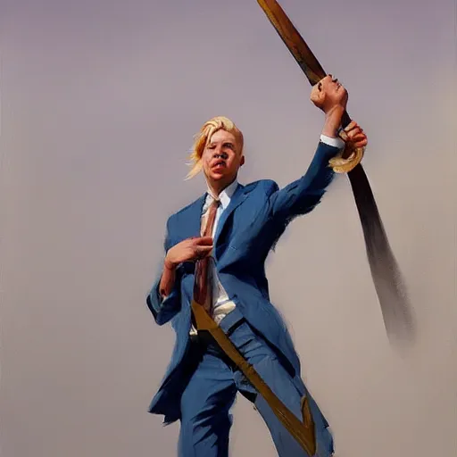 Prompt: greg manchess portrait of a blond man in a blue suit swinging overhead with a sword, organic painting, sunny day, matte painting, bold shapes, hard edges, street art, trending on artstation, by huang guangjian, gil elvgren, ruan jia, randy vargas, greg rutkowski