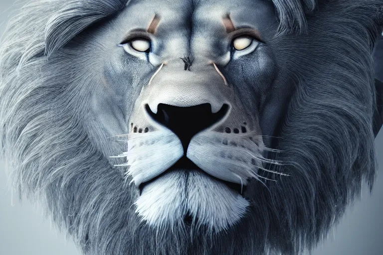 Image similar to lion, futuristic, cybernetic, metal, white blue grey, octane render, studio light,