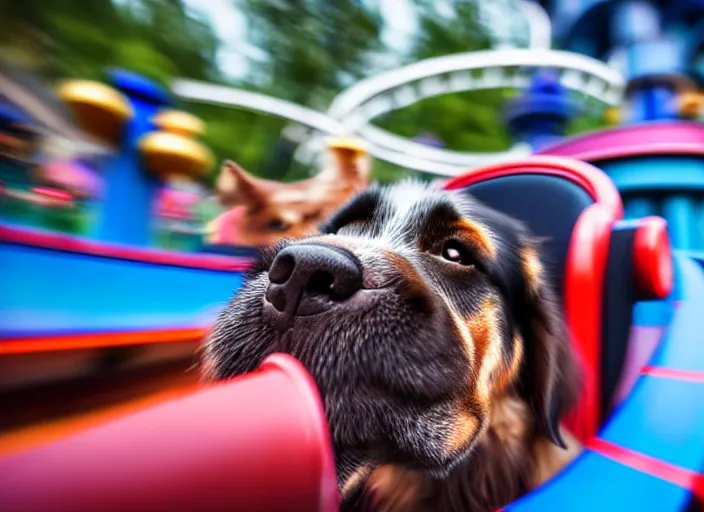 Image similar to film still of a dog riding a roller coaster in disneyland paris, 8 k