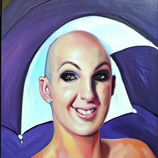Image similar to oil painting of bald britney about to attack you with an umbrella