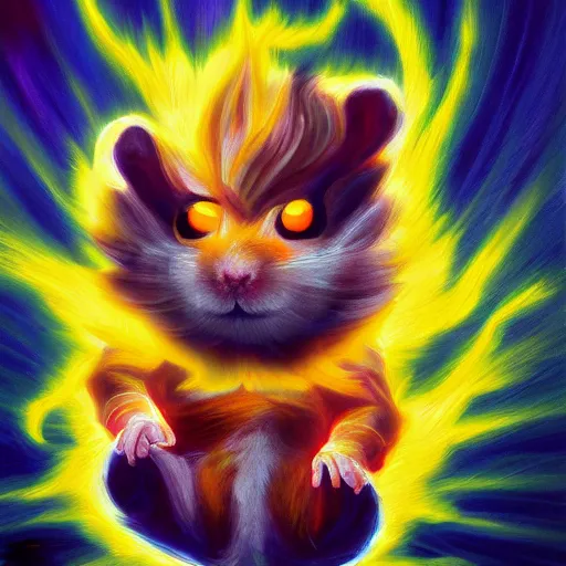 Prompt: hamster going super saiyan, oil painting