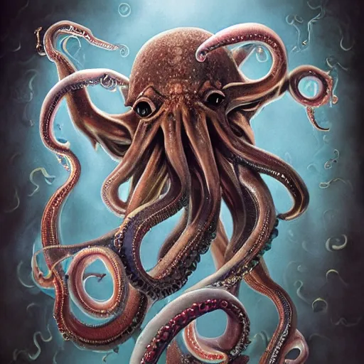 Image similar to a wlop 3 d render of very very very very highly detailed beautiful mystic portrait of a phantom undead octopus with whirling fish around, tattoos by anton pieck, intricate, extremely detailed, digital painting, artstation, concept art, smooth, sharp focus, illustration, intimidating lighting, incredible art,