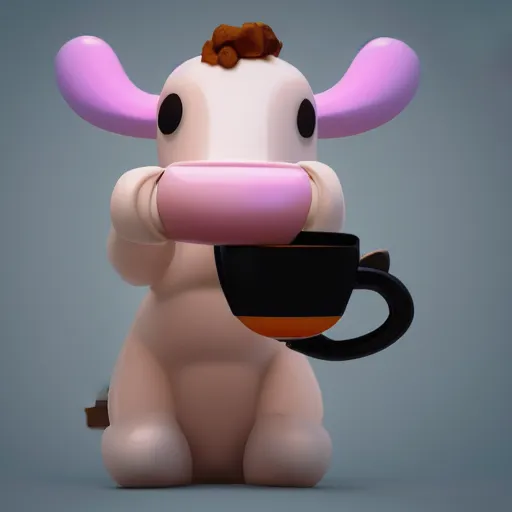 Image similar to cute cow drinking a cup of coffee, 3d render by Pixar, raytracing, black background