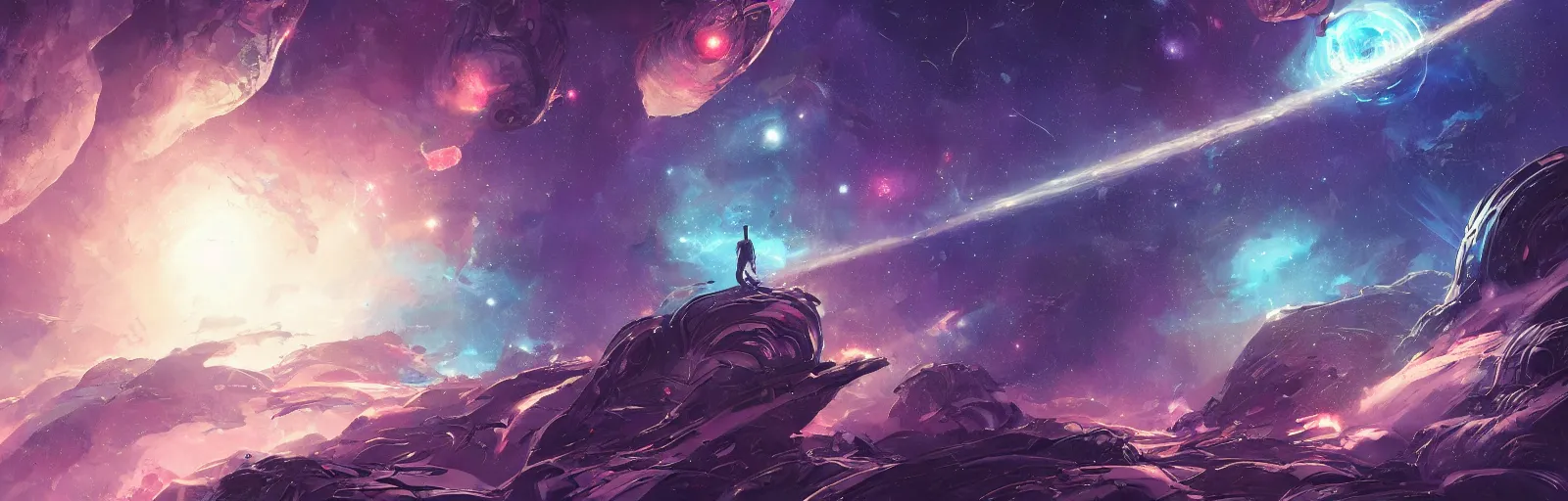 Image similar to concept art of an alien outer space galaxy, open expanse, stars, meteorites, floating debris, beautiful, fantasy, colorful, cinematic lighting, artstation, trending, highly detailed, focus, smooth, by studio ghibli, rossdraws, hirohiko araki, conrad roset, yoshitaka amano