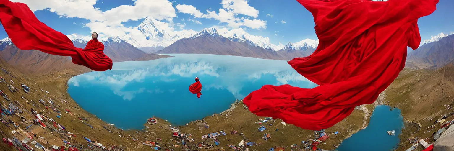 Image similar to a fisheye lens shot on full - frame camera of tibetan monk flying over himalaya mountains lake in weightlessness in traditional red cloth. a lot of flying red fabric around, sky and cloth fabric reflected in blue lake water. illustration by craig mullins, yoji shinkawa, trending on artstation, peter mohrbacher, hyper detailed, intricate, elite, ornate,