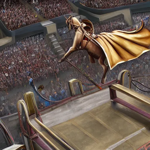 Image similar to roman horse chariot racer high jumping with chariot in a skate park half-pipe, video game cover, intense, high detail, crowd cheering