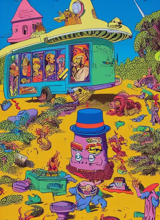 Prompt: dramatic color photo of dadcore occult wizards on vacation by basil wolverton by robert crumb by william eggleston in the style of a garbage pail kids card, play - doh, ultra realistic, concept art