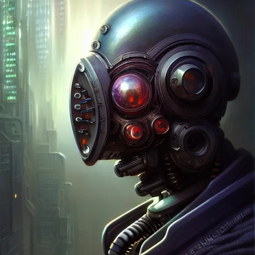 Image similar to front shot of a cyberpunk gazmask robot character, intricate, elegant, highly detailed, centered, digital painting, artstation, concept art, smooth, sharp focus, illustration, artgerm, Tomasz Alen Kopera, Peter Mohrbacher, donato giancola, Joseph Christian Leyendecker, WLOP, Boris Vallejo