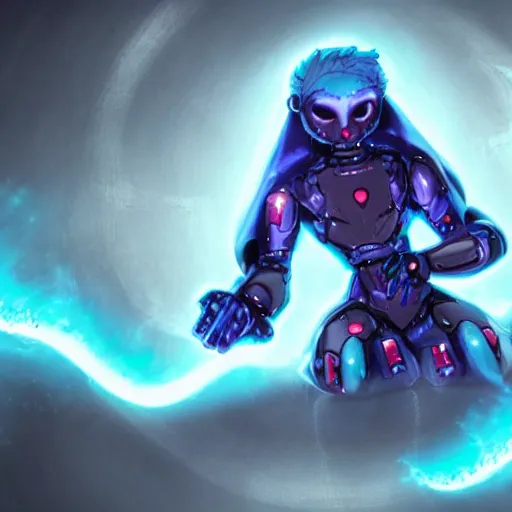 Image similar to a ghost - like creature with cyan skin, blue triangle eyes and blue - purple hair in blue armor with a long red scarf and grey robotic hand implants with sharp claws with glowing light - blue markings across the body hovering in the air with a friendly pose