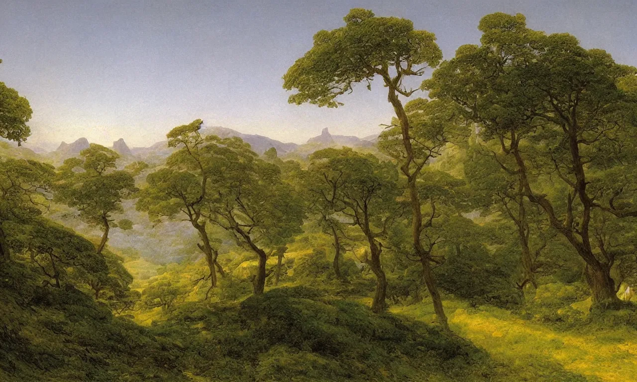 Image similar to a painting of a majestic landscape of noway in summer by caspar david friedrich, high detail,