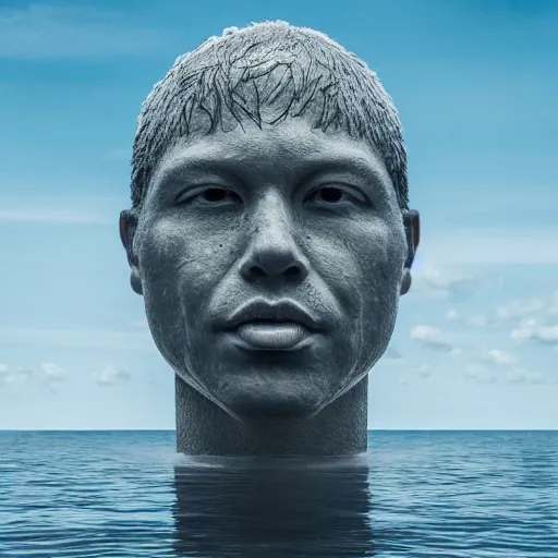 Image similar to a giant sculpture of a human head made out of water, on the ocean water, cinematic, in the style of johnson tsang, long shot, hyper detailed, hyper realistic, ray tracing, 8 k resolution, sharp focus, realistic water, award winning