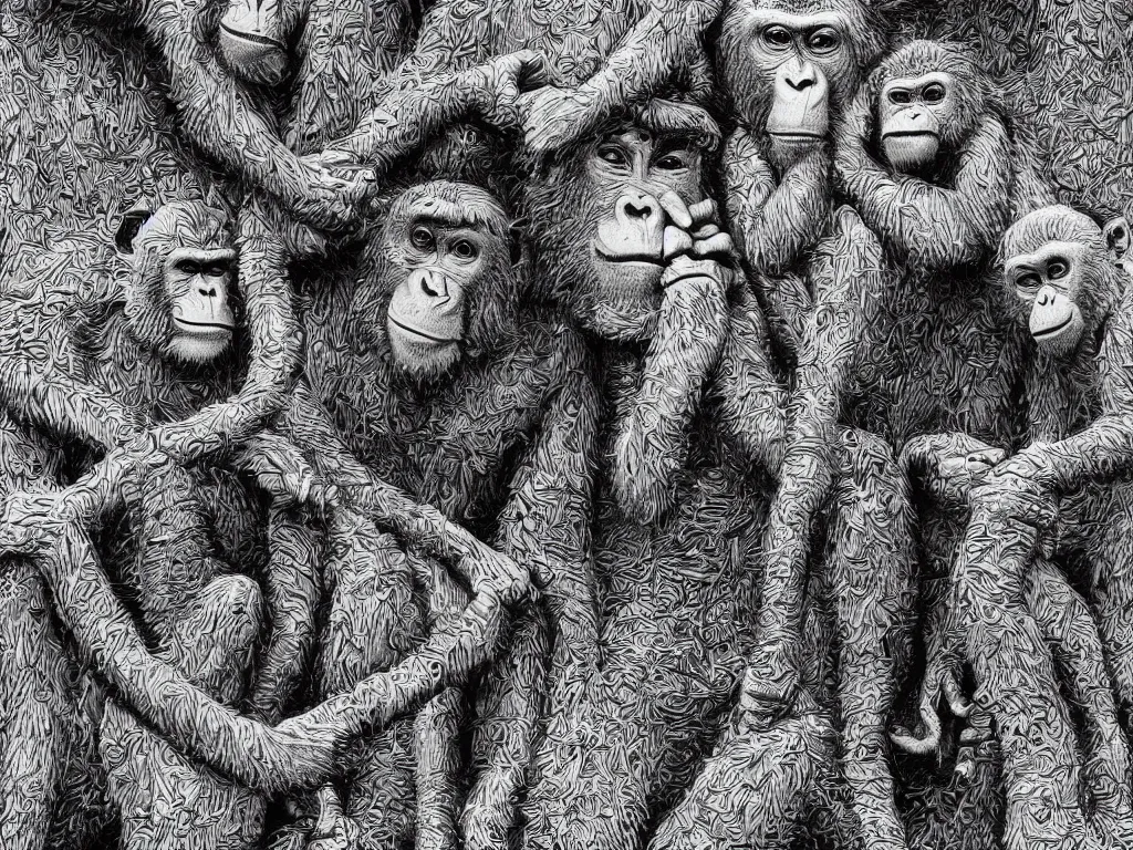 Image similar to bored ape club monkeies by Chor Boogie, intricate details, ultra detailed, 4K, award-winning, touch of M. C. Escher and Salvador Dali