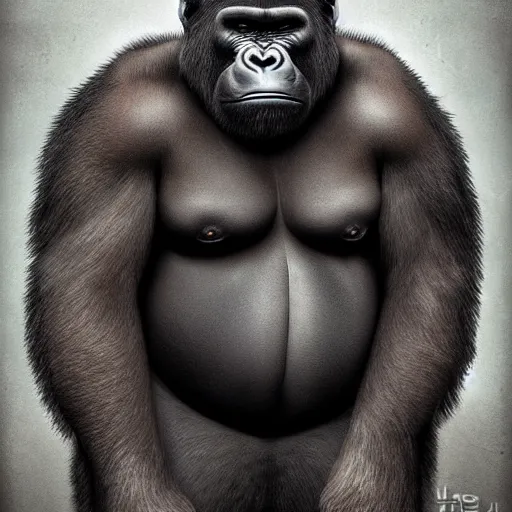 Image similar to Joe Rogan becomes a 300 pound Gorilla, hyper realistic, digital art, intricate
