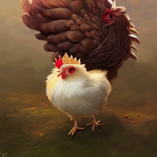 Prompt: a chicken animal wearing a small golden crown on its head. By Makoto Shinkai, Stanley Artgerm Lau, WLOP, Rossdraws, James Jean, Andrei Riabovitchev, Marc Simonetti, krenz cushart, Sakimichan, trending on ArtStation, digital art. Animal photo.