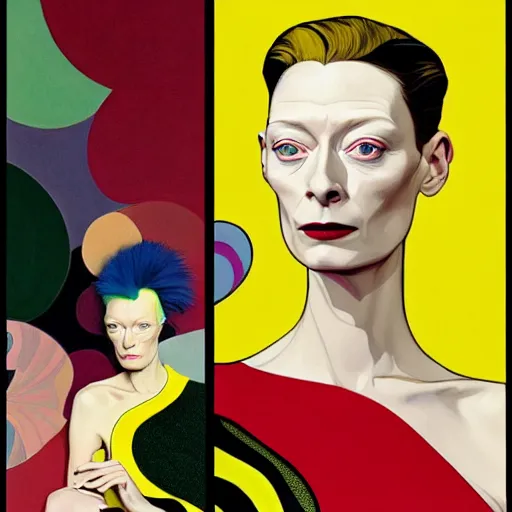 Image similar to art by joshua middleton, the actress tilda swinton, a medium shot portrait of the golden creeper, a tall manically smiling yellow - skinned woman with green and black striped cycling shorts and wearing a long red and black striped ostrich feather boa, yellow makeup, mucha, kandinsky, poster, art deco motifs, comic art, stylised design, scarlet feather boa