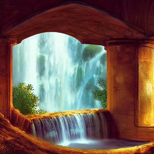 Image similar to a waterfall in the interior of a ancient arabian structure, epic retrowave art, trending on art station