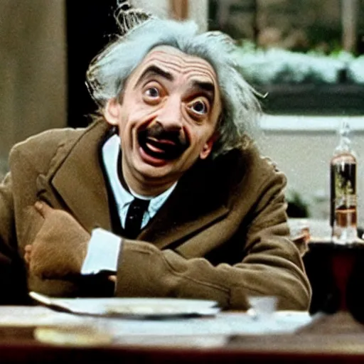 Prompt: mr. bean as einstien in'einstein sticks his tongue out'photo