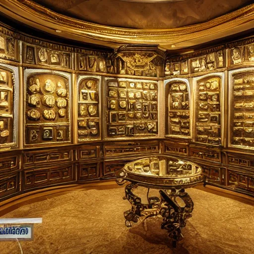 Prompt: A great display room filled with gold, artifacts, jewels and treasures lost to time, ultra-high definition, 4K, museum quality photo