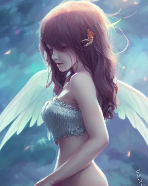 Image similar to 3 / 4 view of a portrait of cute girl with wings, confident pose, pixie, amber of genshin impact, intricate, elegant, sharp focus, illustration, highly detailed, concept art, matte, trending on pixiv, anime, art by wlop, strong fogs,