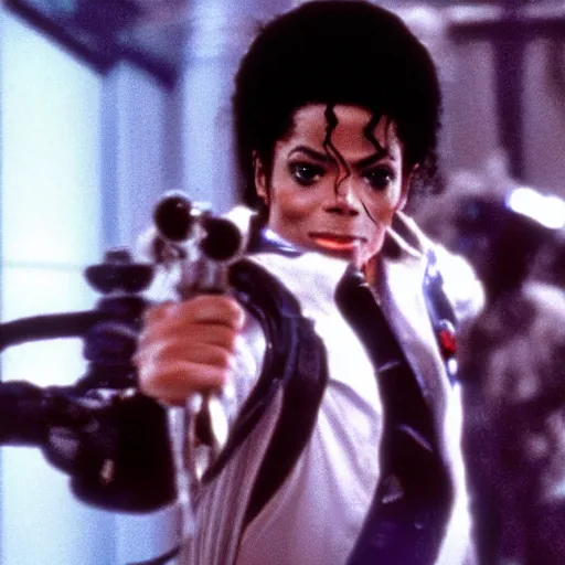 Image similar to stunning awe inspiring michael jackson as a ghostbuster in the movie ghostbusters, movie still 8 k hdr atmospheric lighting