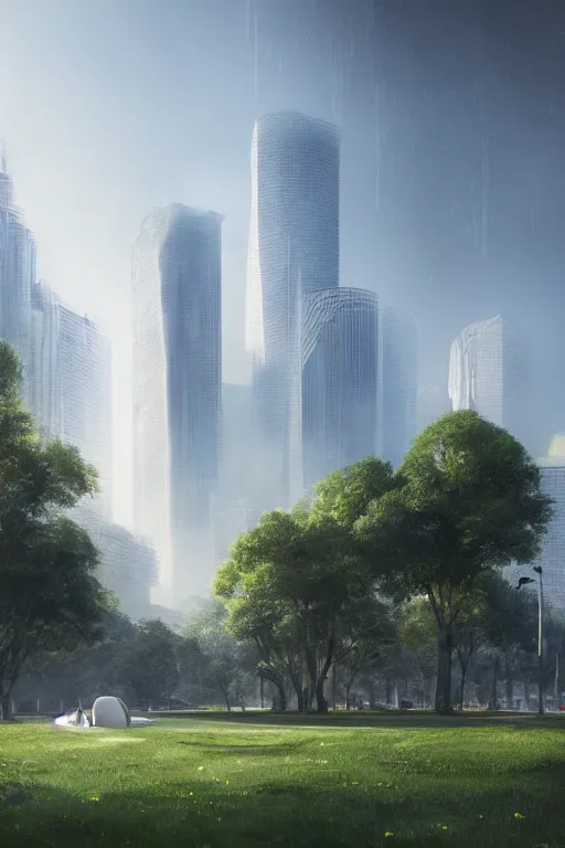 Prompt: huge white donut shaped building, trees in foreground and skyscrapers in the background, elegant, volumetric lighting, digital painting, highly detailed, artstation, sharp focus, sunny day, utopia, open space, illustration, concept art, ruan jia, steve mccurry, ivan shishkin