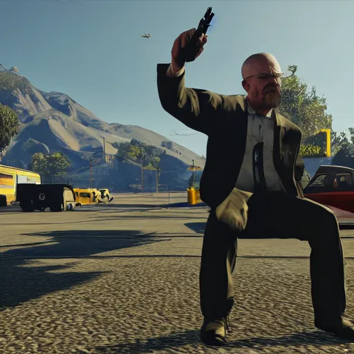 Image similar to walter white pointing a gun in GTA 5 loading screen, art station, trending, editor’s pickup, cinematic lighting, 4k,