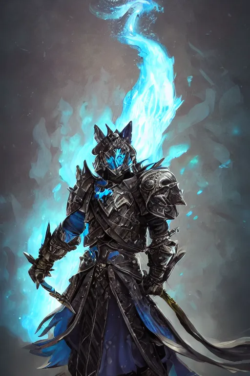 Image similar to anthropomorphic Azure wolf knight, DnD character art portrait, fantasy battleground, raining, blue flame, oil painting, heroic pose, magic the gathering artwork, D&D, fantasy, cinematic lighting, centered, symmetrical, highly detailed, digital painting, artstation, concept art, chromatic aberration, post processing, smooth, sharp focus, illustration, volumetric lighting, epic Composition, 8k, art, DeviantArt, trending on Artstation, Jason Felix, Steve Argyle, Tyler Jacobson, Peter Mohrbacher, Akihiko Yoshida, Greg Rutkowski, Craig Mullins, Frank Frazetta, cinematic lighting