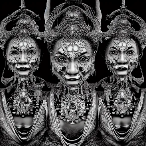 Prompt: a black and white high quality photo of a female witch bust, three faces, hyper detailed, flowing psychadelic background intricate and detailed, ornate 8 k gorgeous intricate detailed, octane render