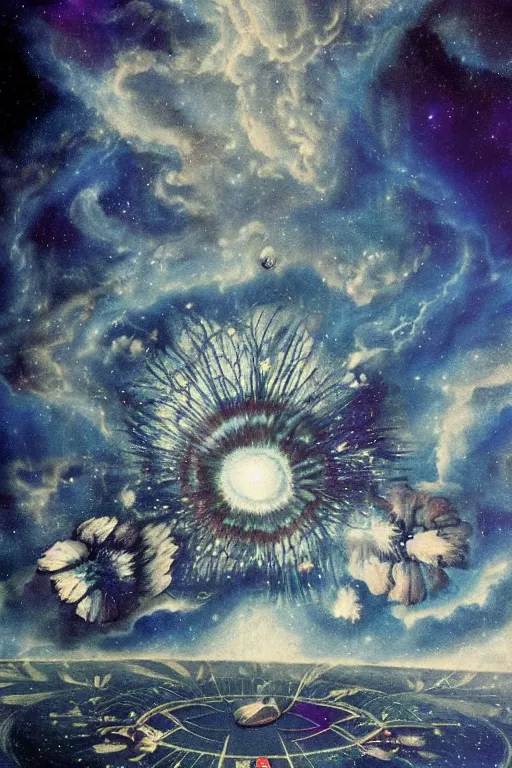 Prompt: intricate beautiful blue, black and purple papaver, nebula in the sky, 1 7 th century, holds playing cards, in card's player by sezanne, matte painting, renaissance painting