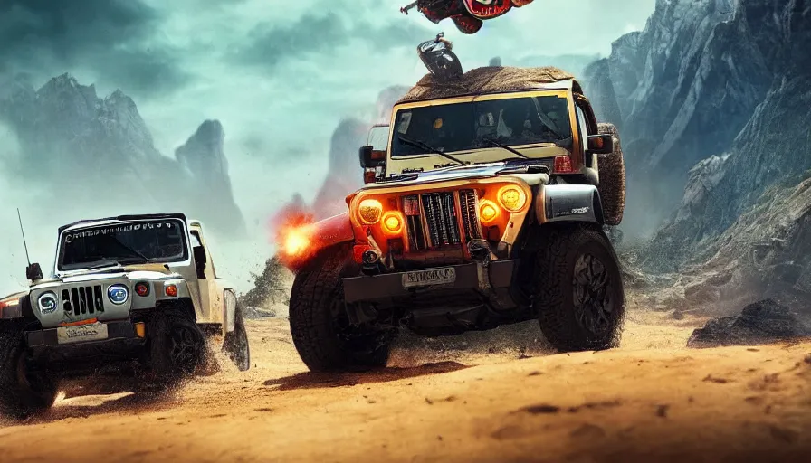 Image similar to mahindra thar, tribe members attacking, action scene, an epic fantasy, dramatic lighting, cinematic, establishing shot, extremely high detail, photorealistic, cinematic lighting, artstation, by christopher nolan, asphalt 9