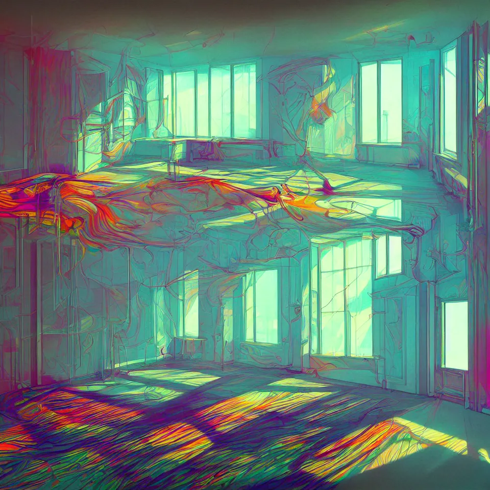 Prompt: bright psychedelic empty apartment, diffuse lighting, fantasy, intricate, elegant, highly detailed, lifelike, photorealistic, digital painting, artstation, illustration, concept art, smooth, sharp focus, art by francis bacon