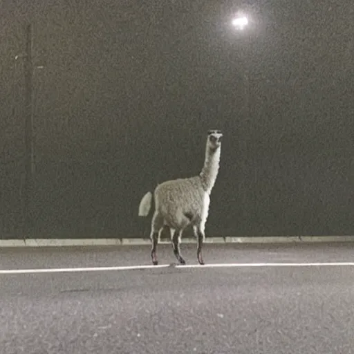Prompt: a ominous llama standing in the middle of the road in the middle of the night, found footage