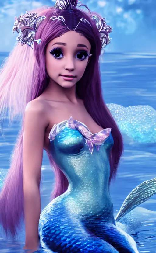 Prompt: ariana grande as a charming mermaid work safe dreamlike with jewelry, character art, hyperdetailed, 8 k realistic, frostbite 3 engine, cryengine, dof, trending on artstation, digital art