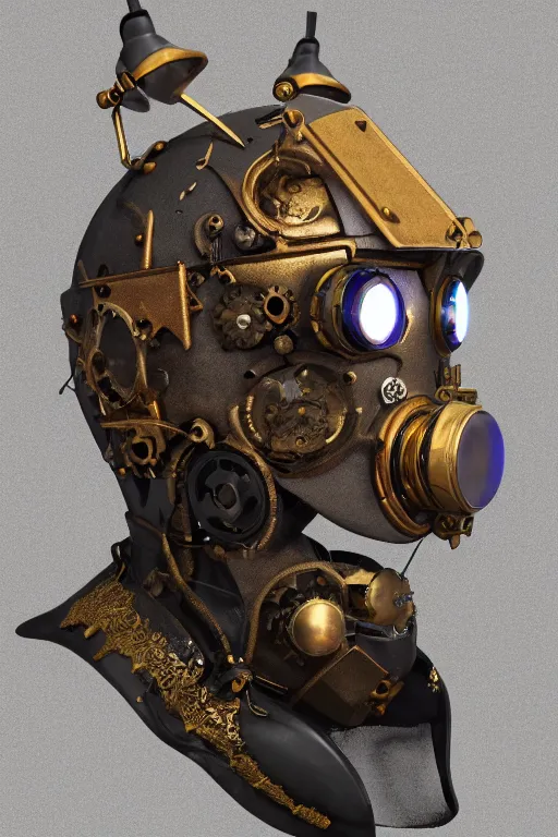 Image similar to steampunk mask minimalist fantasy art robot ninja helmet, global illumination ray tracing hdr fanart arstation by sung choi and eric pfeiffer and gabriel garza and casper konefal radiating a glowing aura