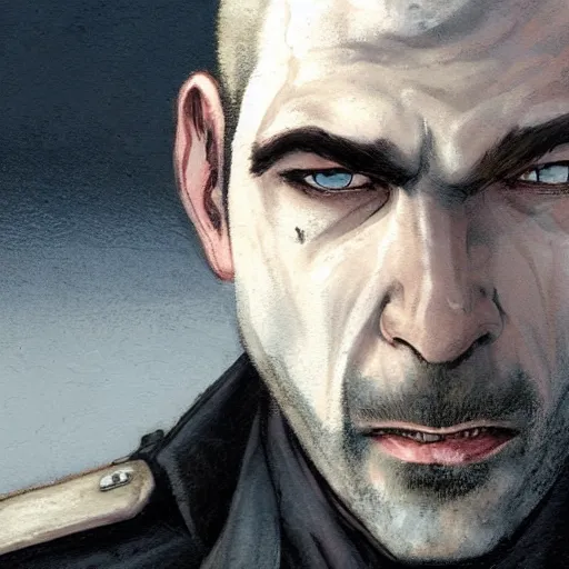 Image similar to portrait of a greying pale vampire police officer with short hair and a patchy beard, close up, grimy streets backdrop, highly detailed, sharp focus, perfect eyes, art by esad ribic