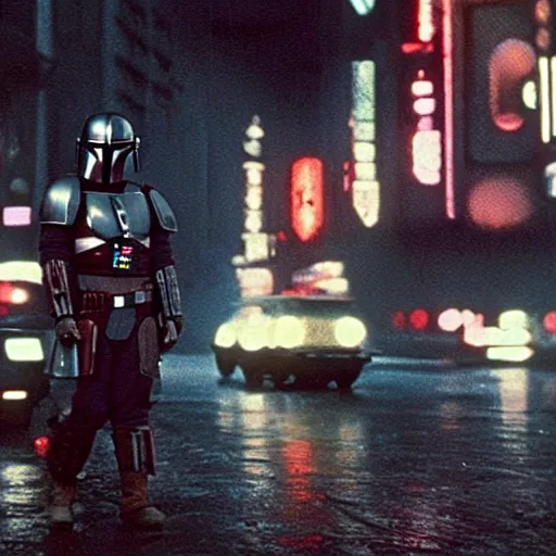 Prompt: Mandalorian in Blade Runner on a rainy city street with cars flying through the background