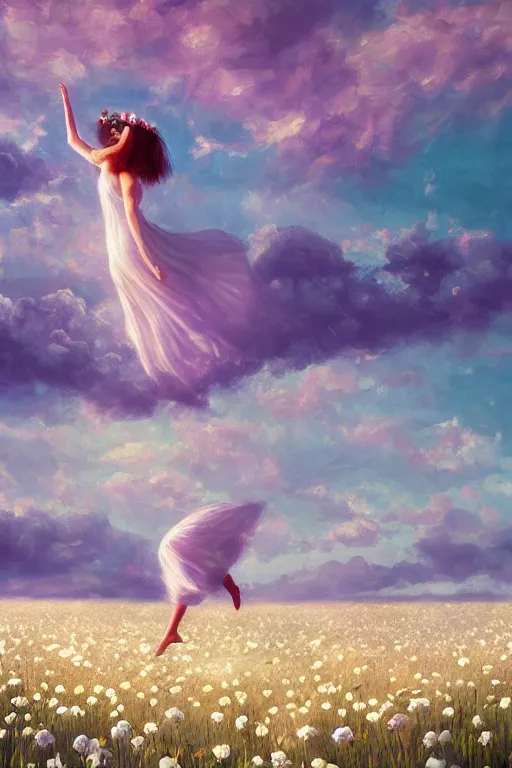 Image similar to giant white daisy flower as head, veiled girl dancing in a flower field, surreal photography, sunrise, dramatic light, impressionist painting, colorful clouds, digital painting, artstation, simon stalenhag