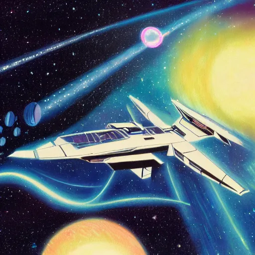 Image similar to starship during reentry of earth atmosphere, 1 9 8 0 s concept art, vintage, high saturation colors, high quality, hand drawn