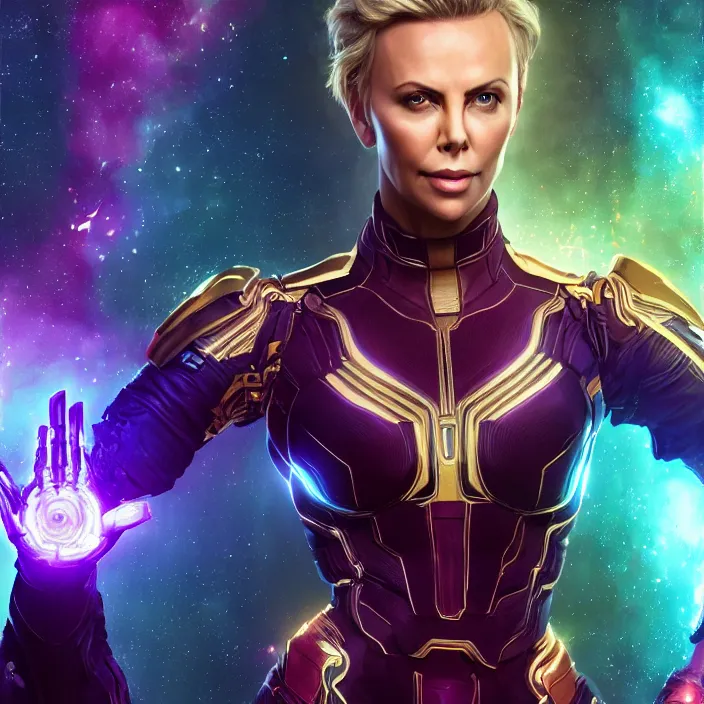 Prompt: portrait of (Charlize Theron), wearing The Infinity Gauntlet!! intricate artwork. octane render, trending on artstation, very coherent symmetrical artwork. thanos. cinematic, hyper realism, high detail, octane render, 8k, iridescent accents