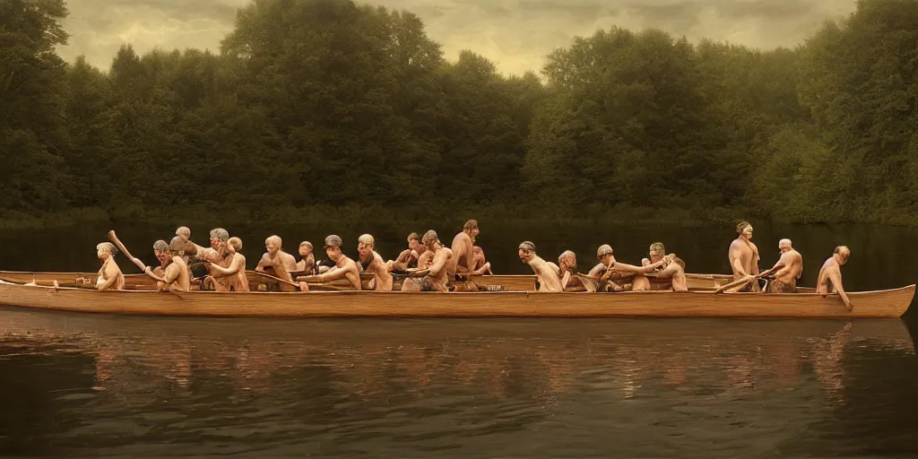 Image similar to A rustic lifeboat with oarsmen in turbulent see, by Gregory Crewdson