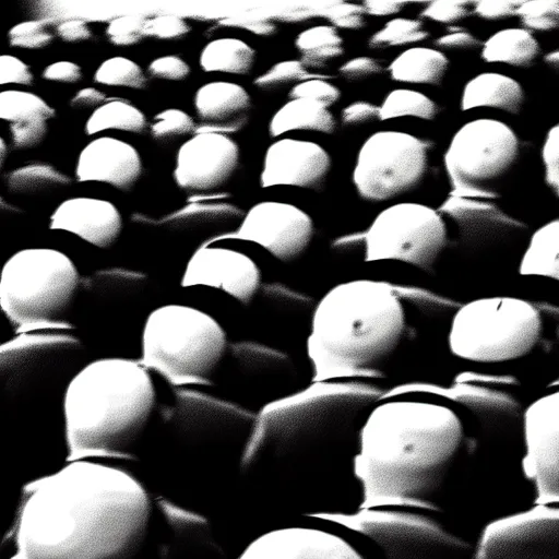 Prompt: The minions minions minions at the Nuremberg trials, monochrome, very low contrast, noise